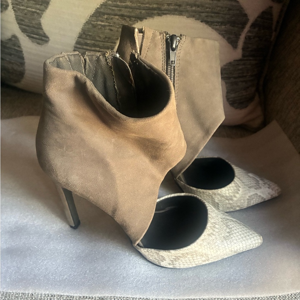 Steve Madden Taupe Suede Ankle Bootie with Snakeskin Pointed Toe